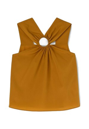 Top senza maniche giallo senape con spalline larghe che si incrociano sulla schiena e un'apertura circolare arricciata al centro della schiena.