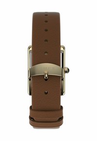 Montre en cuir marron avec une boucle dorée. Dispose de trous réglables et d'une finition texturée pour une meilleure prise en main. Nom de la marque gravé sur la boucle.