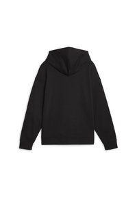 Felpa nera con cappuccio, maniche lunghe, polsini a coste e una texture uniforme. Il retro presenta una cucitura centrale e un cappuccio appeso.