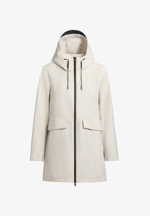Jasno beżowa wodoodporna kurtka z kapturem, przednim zamkiem błyskawicznym, dwiema dużymi kieszeniami na klapę oraz regulowanymi sznurkami w kapturze. Gładka faktura.