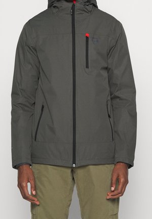Gray waterproof jacket with a hood, front zipper, two side pockets, and a chest pocket. Features a small logo and red zipper accents.