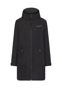 Schwarze wasserdichte Jacke mit hohem Kragen, Frontreißverschluss, zwei Vorderaschen und einem leicht verlängerten Design. Glatte Textur und minimalistischer Stil.