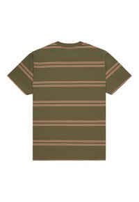 T-shirt à manches courtes de couleur olive avec des rayures horizontales roses et beiges, vu de dos sur un fond blanc.