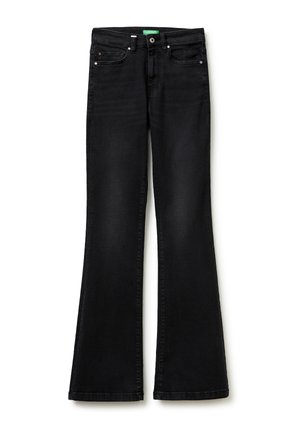 Czarne dżinsy z wysokim stanem, zapinane na guziki i zamek błyskawiczny, z pięcioma kieszeniami i rozszerzanymi, szerokimi nogawkami.