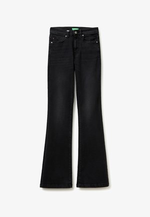 Czarne dżinsy z wysokim stanem, zapinane na guziki i zamek błyskawiczny, z pięcioma kieszeniami i rozszerzanymi, szerokimi nogawkami.