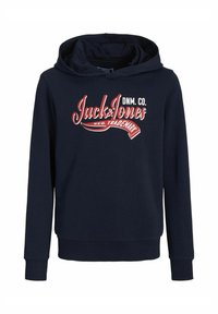 Sudadera azul marino con mangas largas, que presenta un atrevido logotipo gráfico en rojo y blanco. Confeccionada en una tela suave, cuenta con un bolsillo tipo canguro y capucha ajustable.