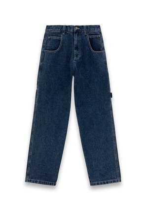 Jeans in denim blu scuro con un design a gamba dritta, cinque tasche e chiusura con bottone in vita. Cuciture distintive e etichetta sul retro.