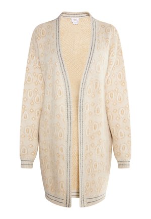 Cardigan de culoare bej deschis, cu un model texturat în diamante, cu croială deschisă în față și mâneci lungi. Accentuate cu cusături bleumarin pe margini.