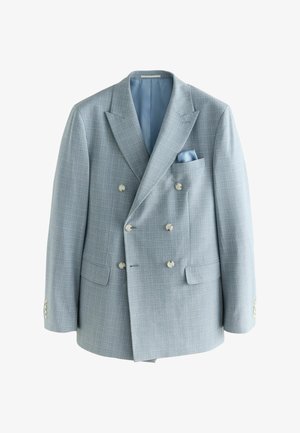 Light blue double-breasted blazer with a checked pattern, notched lapels, front pockets, and light blue lining. Detailed buttons accent sleeves.