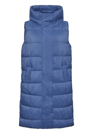 Blaues �ärmelloses Puffer-Weste mit hohem Kragen, ausgestattet mit gesteppten Abschnitten und zwei Seitentaschen. Hergestellt aus leichtem, wasserabweisendem Material.