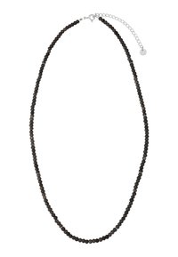 Facetų juodų perlų kaklo papuošalas su sidabro akcentais; turi krevečių tipo užsegimą ir reguliuojamą grandinėlę, leidžiančią pritaikyti ilgį.