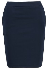 Jupe crayon bleu marine ajustée avec une ceinture simple, sans motifs ni ornements visibles.