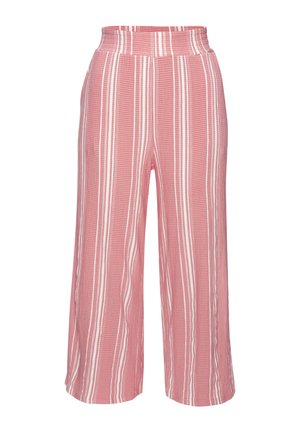 Pantaloni a gamba larga rosa con righe bianche verticali e vita alta, tessuto strutturato, lunghezza corta.