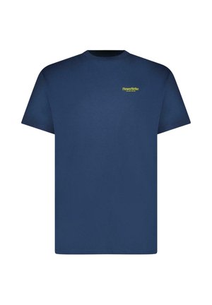 Donkerblauw T-shirt met korte mouwen en een klein geel "FlowerStrike"-logo op de linkerborst, ronde halslijn, effen ontwerp.