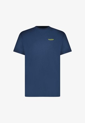 Donkerblauw T-shirt met korte mouwen en een klein geel "FlowerStrike"-logo op de linkerborst, ronde halslijn, effen ontwerp.