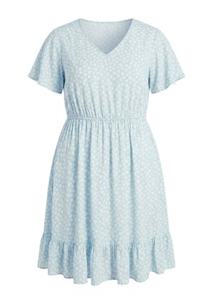 Vestito corto a maniche corte azzurro chiaro con motivo floreale bianco, scollo a V, vita elasticizzata e orlo arricciato.