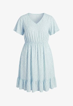 Lichtblauwe jurk met korte mouwen en een wit bloemenpatroon, V-hals, elastische taille en gerimpelde zoom.