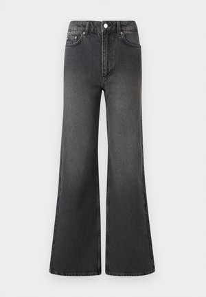 Wide-leg black denim jeans with a high waist, featuring five pockets, a button closure, and subtle fading along the fabric surface.