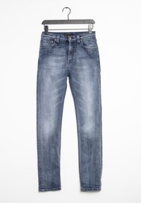 Smala jeans i blekt blå denim, med en slät yta, traditionell femficksdesign och en metallknappstängning i midjan.