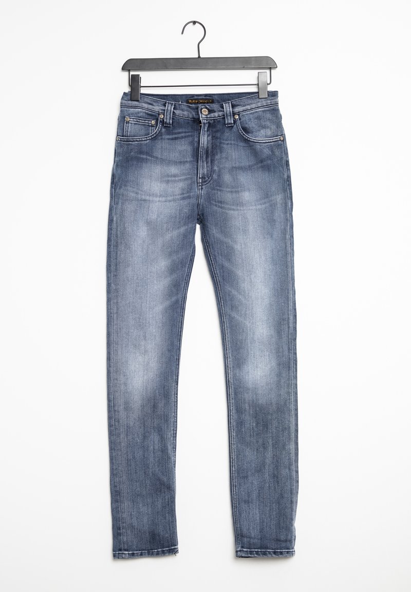 Smala jeans i blekt blå denim, med en slät yta, traditionell femficksdesign och en metallknappstängning i midjan.