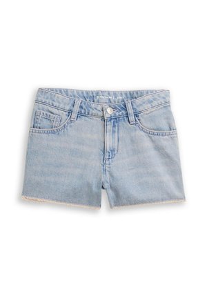 Lichtblauwe denimshorts met rafelige zoom, knoopsluiting, riemlussen en voor- en muntzakken.