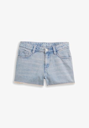 Lichtblauwe denimshorts met rafelige zoom, knoopsluiting, riemlussen en voor- en muntzakken.