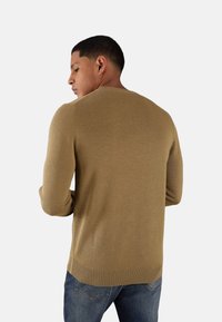 Maglione color cammello con scollatura a girocollo e orlo a coste, indossato da un modello visto da dietro, abbinato a jeans blu.
