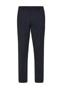 Maßgeschneiderte dunkelblaue Hose aus glattem Stoff. Verfügt über eine schmale Passform, Gürtelschlaufen und einen Knopfverschluss. Keine sichtbaren Muster oder Akzente.