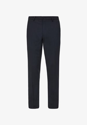 Maßgeschneiderte dunkelblaue Hose aus glattem Stoff. Verfügt über eine schmale Passform, Gürtelschlaufen und einen Knopfverschluss. Keine sichtbaren Muster oder Akzente.
