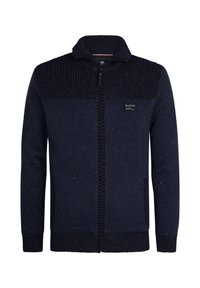 Marine blauwe gebreide cardigan met een rits aan de voorkant, voorzien van gestructureerde bovenpanelen, ribbelmanchetten en subtiele gespikkelde details doorheen.