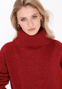 Roter Rollkragenpullover mit strukturiertem Strickdesign und geripptem Kragen. Der Stoff erscheint weich und warm und hat einen leicht lockeren Schnitt.
