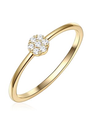 Zlatni prsten s tankim obručem, ukrašen grozdnim cvjetnim uzorkom od šest sjajnih kamenčića u sredini. Glatka, polirana površina.