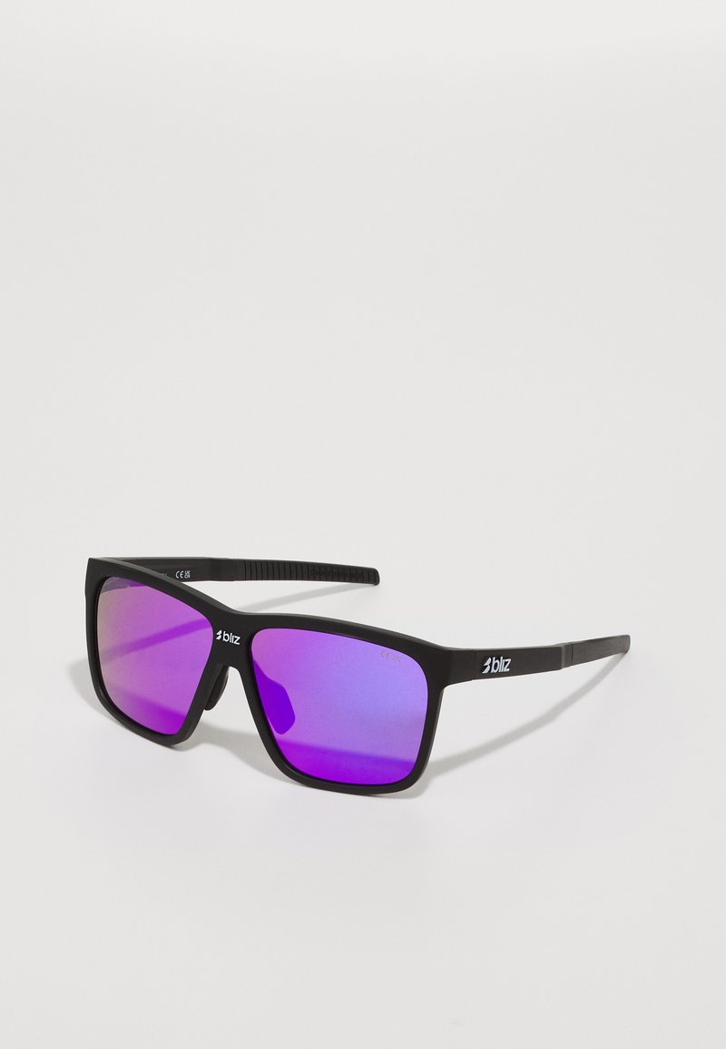 Black rectangular sunglasses with purple tinted lenses, featuring textured black arms and a logo accent on the side.