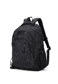 Zaino nero con un motivo geometrico, dotato di più scomparti, spallacci regolabili e tasche laterali per bottiglie d'acqua. Materiale resistente.