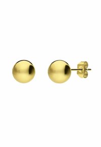 Gouden sferische stud oorbellen met een gepolijste afwerking, voorzien van een eenvoudige push-back sluiting en een gladde textuur. Geen aanvullende versieringen.