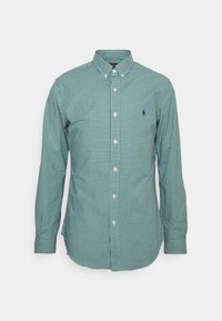 Green checkered button-up shirt made of woven fabric, featuring long sleeves, a button-down collar, and a small embroidered logo on the chest.