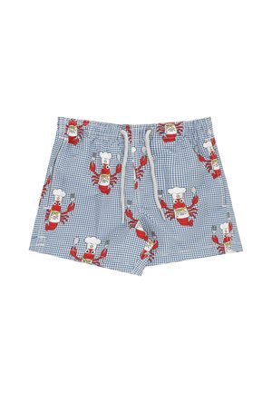 Pantaloncini a quadretti bianchi e blu con motivo di aragoste rosse dei cartoni animati che indossano cappelli da chef e tengono forchetta e cucchiaio, con coulisse bianca in vita.