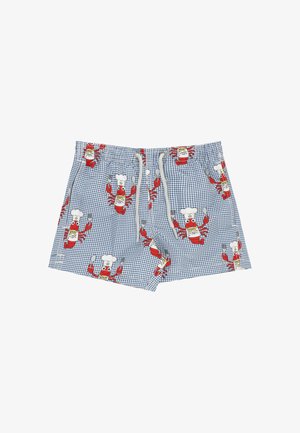 Pantaloncini a quadretti bianchi e blu con motivo di aragoste rosse dei cartoni animati che indossano cappelli da chef e tengono forchetta e cucchiaio, con coulisse bianca in vita.