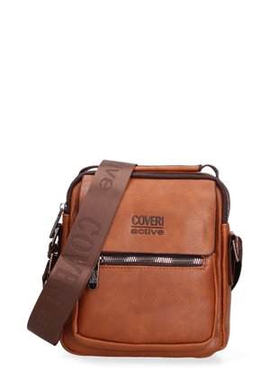 Borsa a tracolla in pelle marrone con tasca frontale con zip, patta e tracolla larga regolabile con logo "Coveri active" impresso.