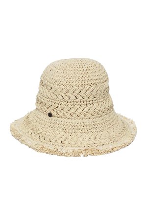 Beige woven bucket hat with textured braided pattern and slightly frayed brim edge.