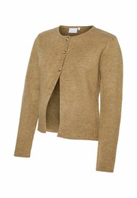 Kamel farget strikket cardigan med lange ermer, rund hals og tre knapper foran. Myk tekstur, åpen frontdesign.