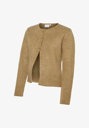 Kamel farget strikket cardigan med lange ermer, rund hals og tre knapper foran. Myk tekstur, åpen frontdesign.