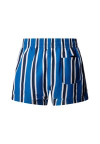 Short de bain bleu avec des rayures verticales blanches et bleu marine, taille élastique, et une poche arrière avec fermeture par bouton.