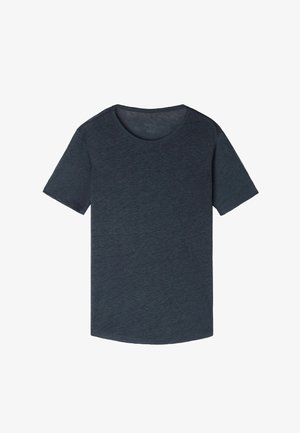 Kurze Ärmel, Rundhals-T-Shirt aus einem dunkelgrauen Stoff, gefertigt aus weichem Material mit glatter Textur und feinem Muster.