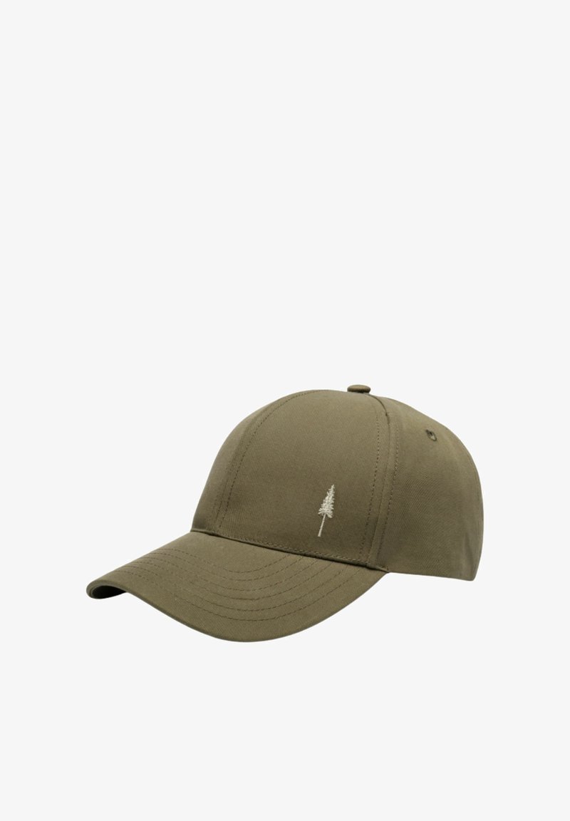 Cappello in cotone verde oliva con visiera curva, caratterizzato da un piccolo ricamo bianco di un albero sul davanti e un dettaglio a bottone sopra.