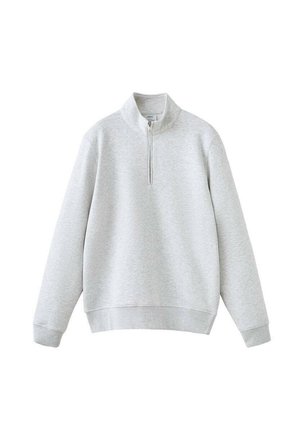 Hanorac cu fermoar și guler înalt, de culoare gri deschis, confecționat dintr-un material moale. Are manșete și tiv nervurate. Textură minimă.