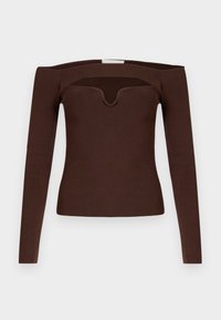 Καφέ ριπ μακρυμάνικο τοπ με σχέδιο έξω από τον ώμο και λαιμόκοψη σε σχήμα V, με υφή και εφαρμοστή σιλουέτα.