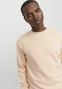 Licht perzikkleurig sweatshirt van zacht materiaal. Klassieke ronde halslijn en lange mouwen in een relaxte pasvorm. Een gladde textuur met minimale details.