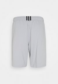 Šedé sportovní šortky s elastickým pasem, se třemi černými pruhy na zadní straně a lehkým, hladkým texturem.