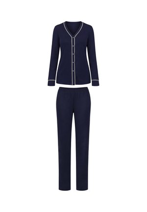 Conjunto de pijama azul marino con botones y mangas largas, adornado con ribetes blancos, y pantalones a juego con cintura elástica, mostrado sobre fondo blanco.